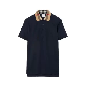 Check Collar Cotton Polo Shirt Smoked Navy